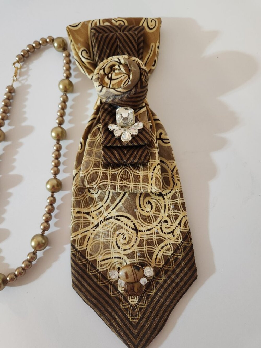 Hand Crafted Necktie Necklace with Rhinestone Accents Brown Beige Pearl Necklace - Picture 6 of 8